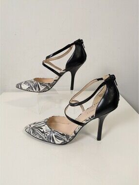 Nine West Black White Floral Pointed Toe Strappy Heels – Size 7.5